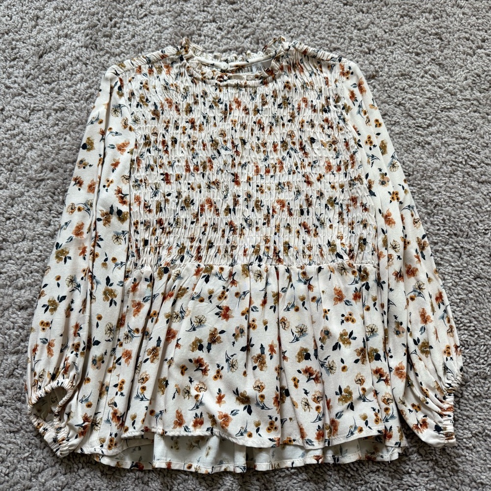 Zara Floral Smocked Blouse - Cream and Brown